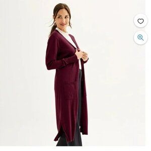 Classic Nine West Long Duster Cardigan Sweater Plum Burgundy Open Front Pockets